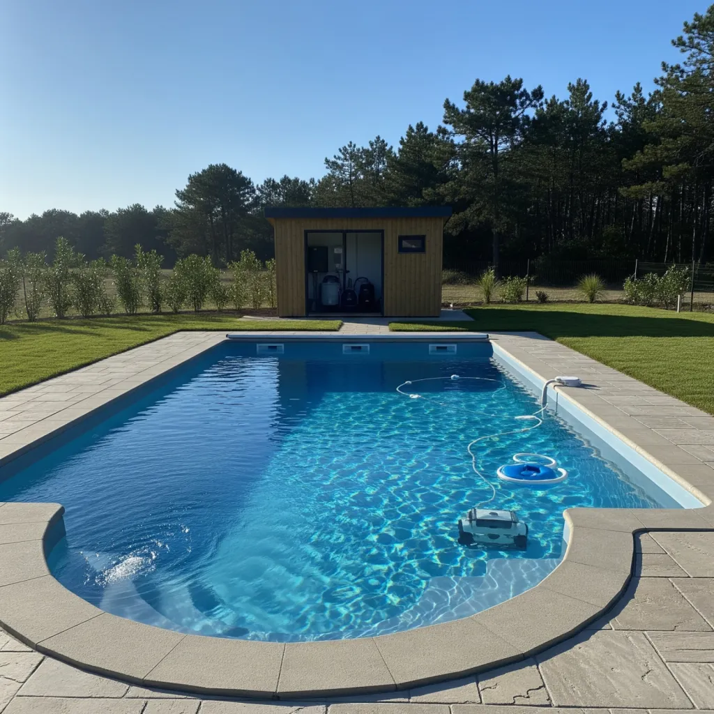 Équipement complet pour piscine coque livrée clé en main : robot local technique en bois à Biscarosse