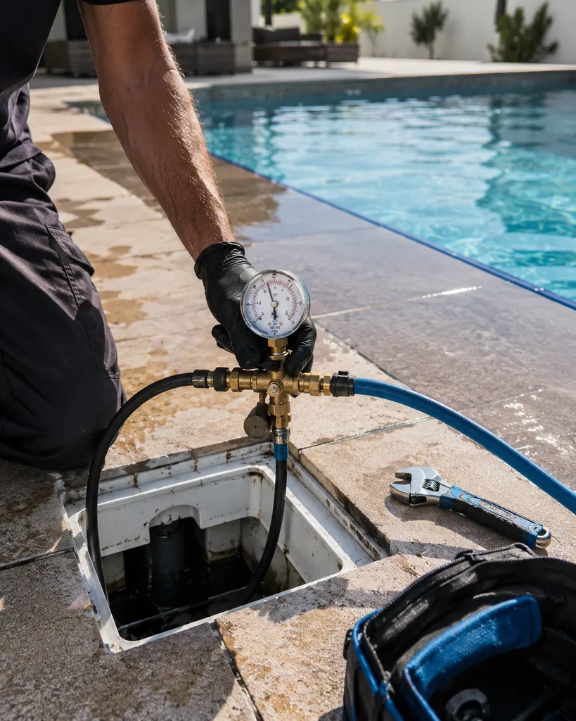 Test d'étanchéité de piscine au manomètre avant et après réparation dans les Bouches-du-Rhône – mise en pression du réseau hydraulique pour contrôle de fuite à Aix-en-Provence
