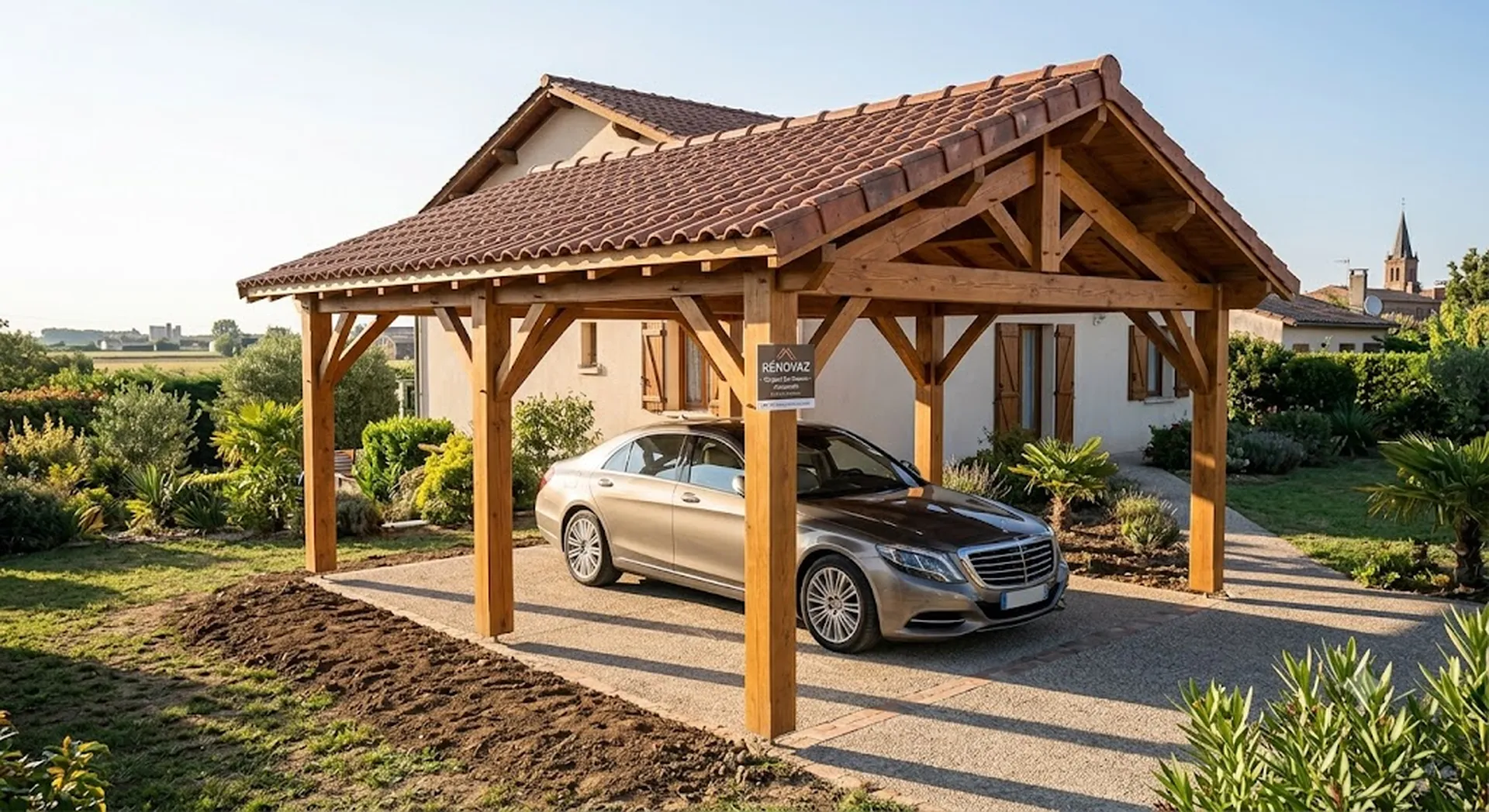 Prix d'un abri de voiture/ carport en bois sur mesure avec couverture en tuiles à Aucamville en haute garonne.