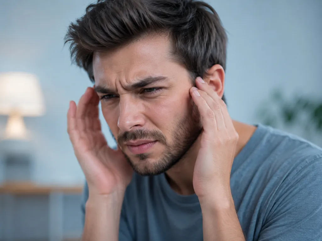  Jeune homme souffrant d’acouphènes et de sifflements dans l’oreille consultant un audioprothésiste spécialisé à Lyon Vaise