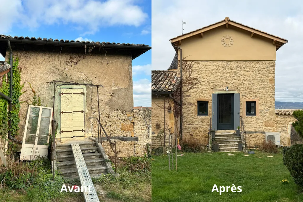 Avant et après surélévation de maison en pierre avec création d’un étage supplémentaire à Villefranche-sur-Saône