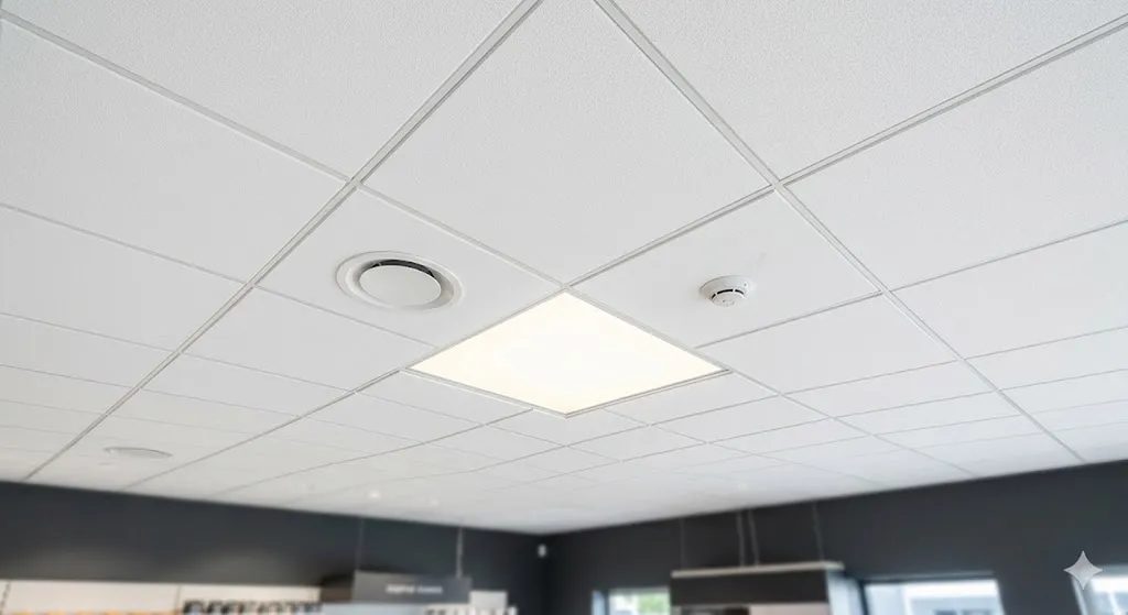 Installation de plafonds et finitions techniques avec dalles minérales acoustiques pour locaux commerciaux à Vendargues