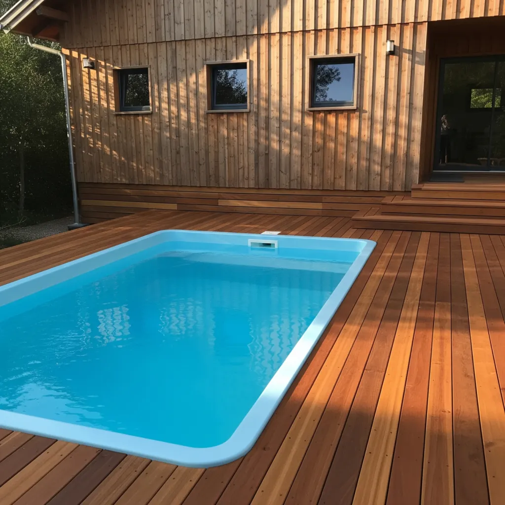 Piscine coque rectangulaire avec terrasse en bois - Aloha Piscines à Sanguinet dans les landes