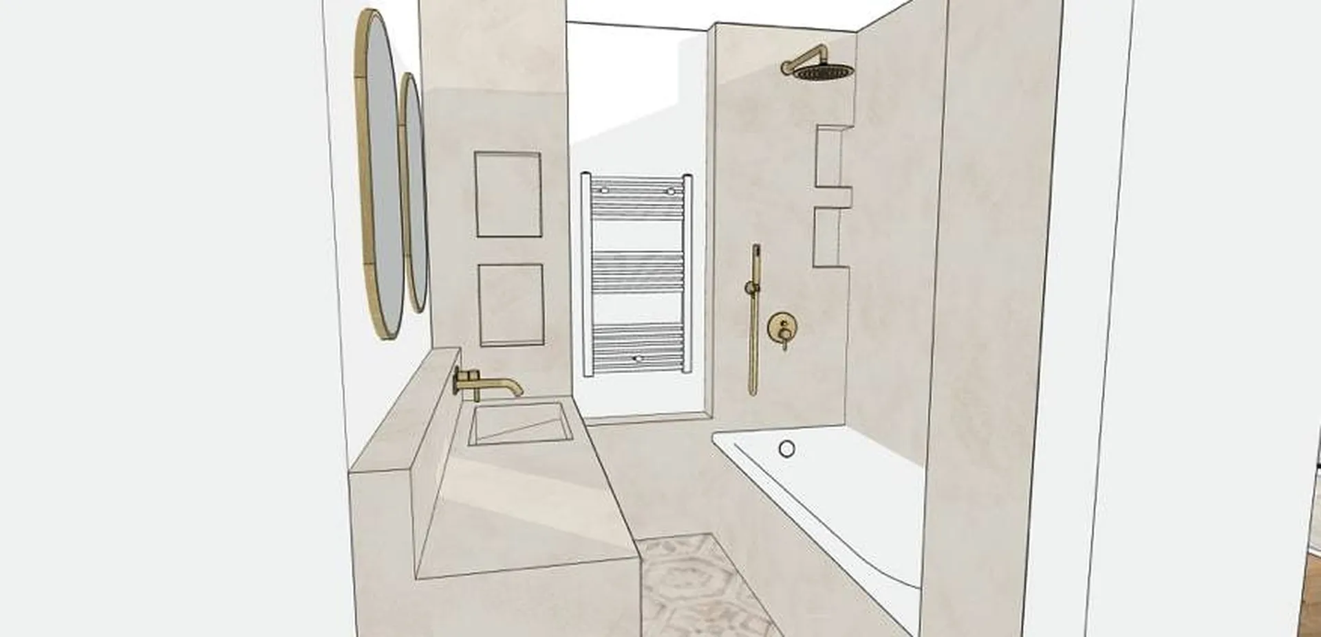 Salle de bain parentale et cuisine aménagé par un architecte d'intérieur en rénovation d'appartement situé à Marseille 13009, incluant des travaux généraux et la modification du cloisonnement