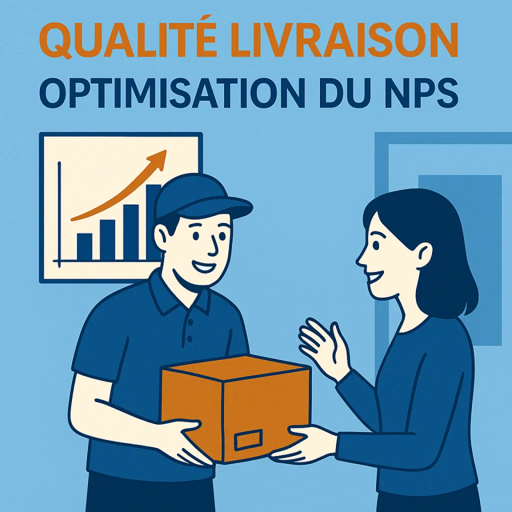 Illustration d’un livreur remettant un colis à un client satisfait, représentant la formation Qualité Livraison de CNS Formation en PACA axée sur l’optimisation du NPS et la satisfaction client.
