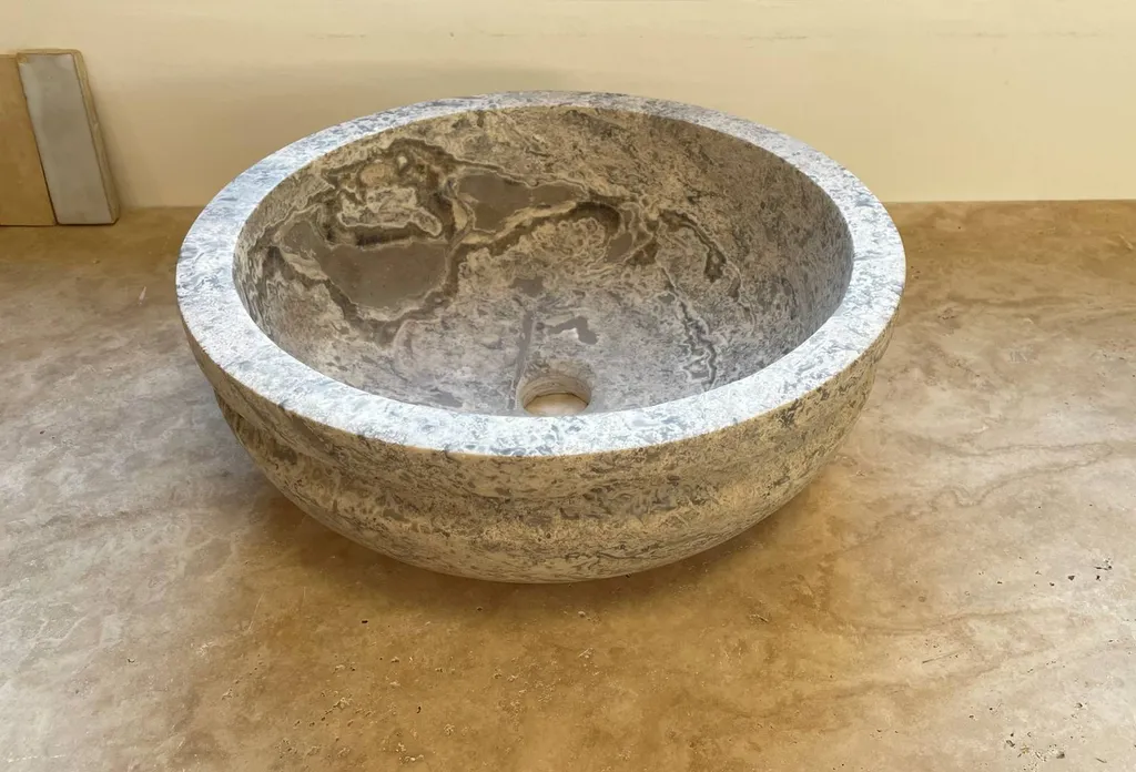 VASQUE EN TRAVERTIN SILVER RONDE AU FORMAT 40.6 CM DIAMETRE 2