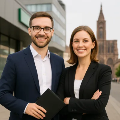 futurs entrepreneurs souriants devant une banque ou un incubateur à Strasbourg