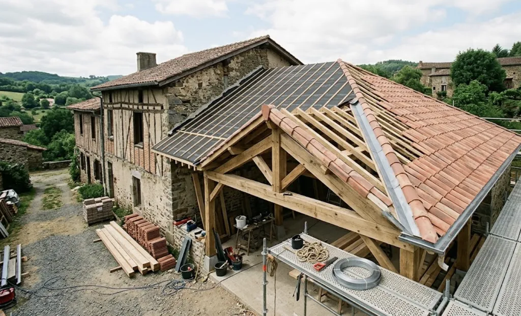 Chantier de rénovation de toiture et charpente traditionnelle à Carmaux, supervisé par Benezech Maîtrise d'Œuvre.
