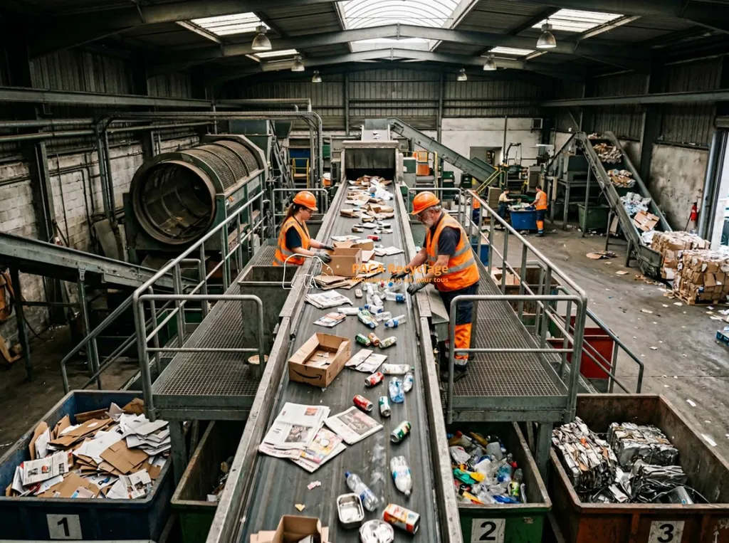 Tri industriel et valorisation des matières recyclables : papier, carton, plastiques et métaux séparés avant traitement.