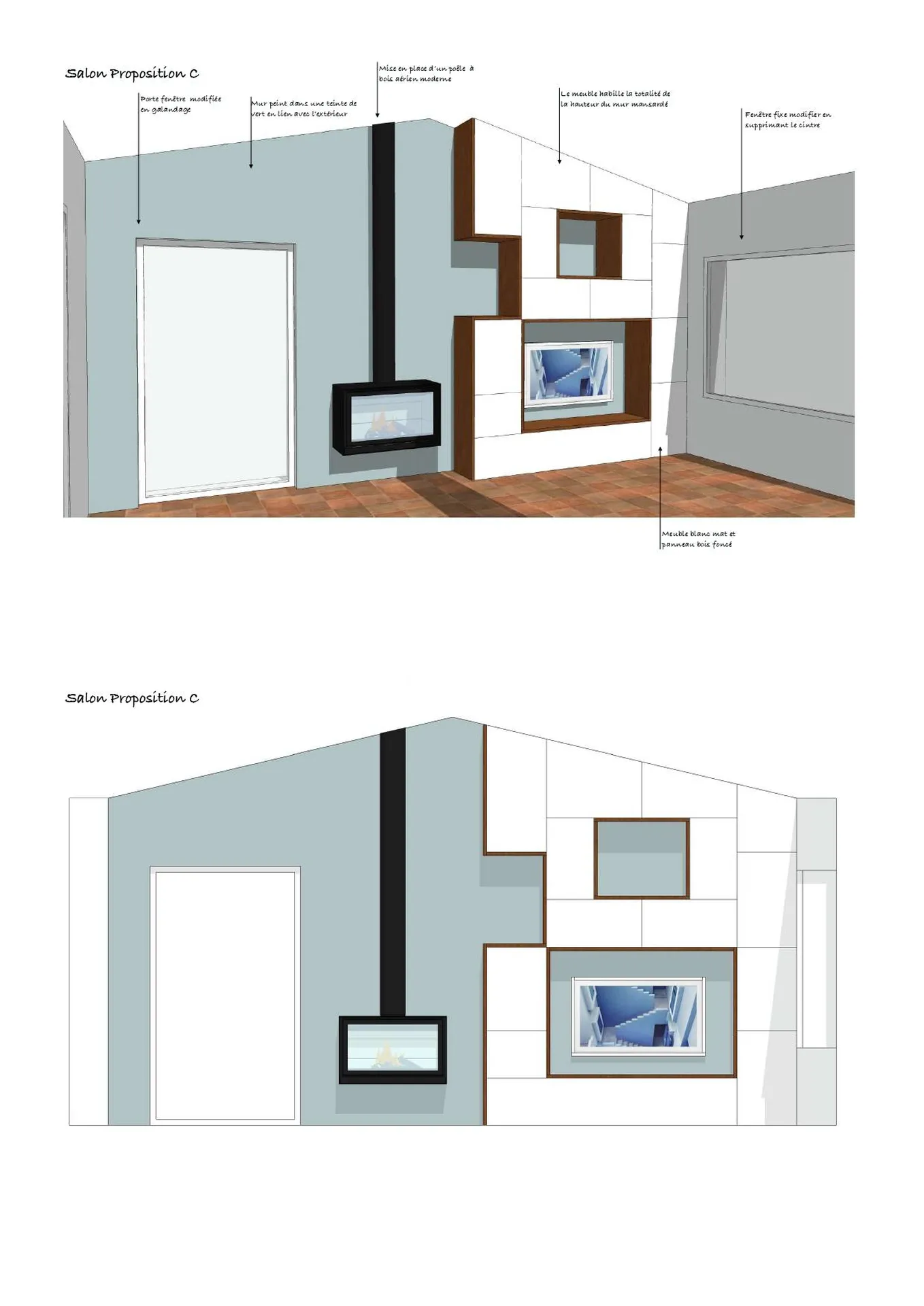 Architecte d’intérieur puyricard : salon vert d'eau avec poele et meuble sur mesure