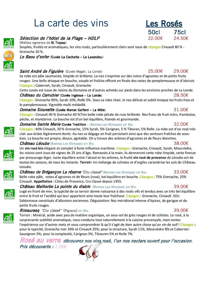 Les Rosés. La Table de l'HDLP est le restaurant de l'Hôtel De La Plage - HDLP à Bormes Les Mimosas,  La Favière, Var Proche du Lavandou, La Londe Colobrière. Entre Toulon et St Tropez.