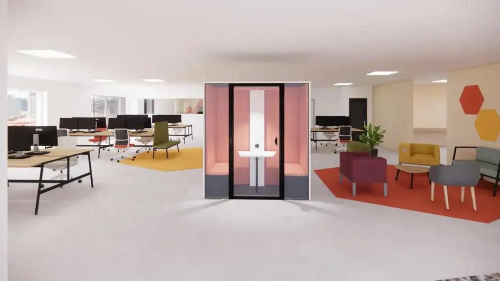 Cabine acoustique ESSENTIELLE du fabricant Français BURONOMIC aménagée dans un open-space à MONTPELLIER