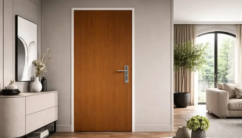 Porte blindée d'appartement Point Fort Fichet Spheris+ HiS en Corse-du-Sud : paumelles invisibles, sécurité A2P BP2, résistance feu 30 minutes et finitions bois naturels pour un intérieur contemporain