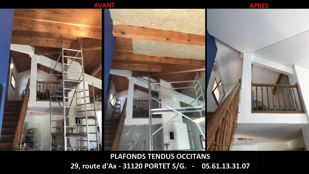 Plafond tendu avec isolant thermique entre poutres et rampant - lambris bois - chantier sur Frouzins 