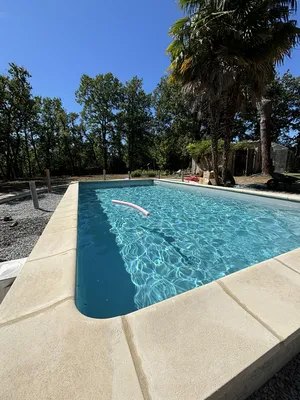 Réalisation d'une piscine traditionnelle maçonnée dans un ancien bassin, avec margelles en pierre, liner, local technique pour un client à Puymoyen 