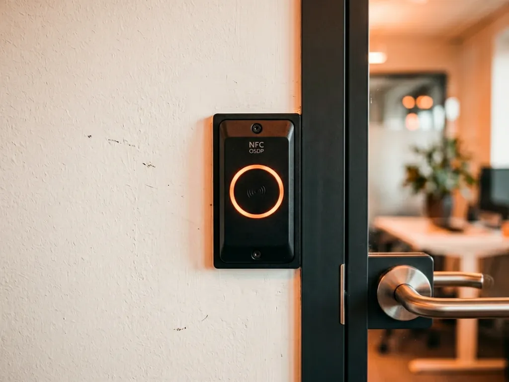 Lecteur de badge NFC OSDP installé sur porte de bureau, protocole chiffré contrôle d'accès professionnel multi-sites