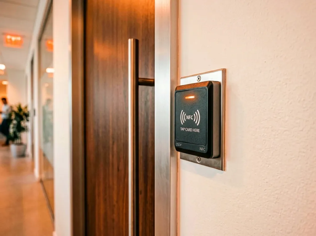 Lecteur de badge NFC OSDP installé sur une porte de bureau, contrôle d'accès entreprise