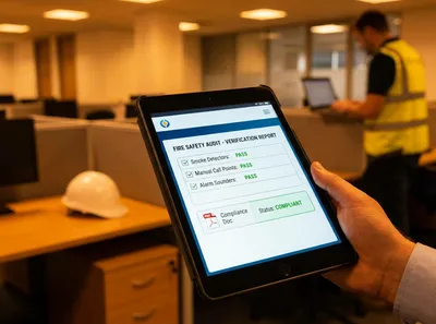 Rapport de vérification système détection incendie sur écran tablette, checklist d'inspection avec résultats de tests et documentation conformité