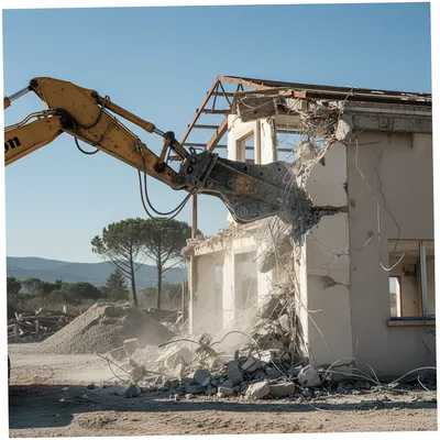 Démolition de maison individuelle ou hangar pro à La Motte vers Le Muy : utilisation de la pince à béton haute puissance.