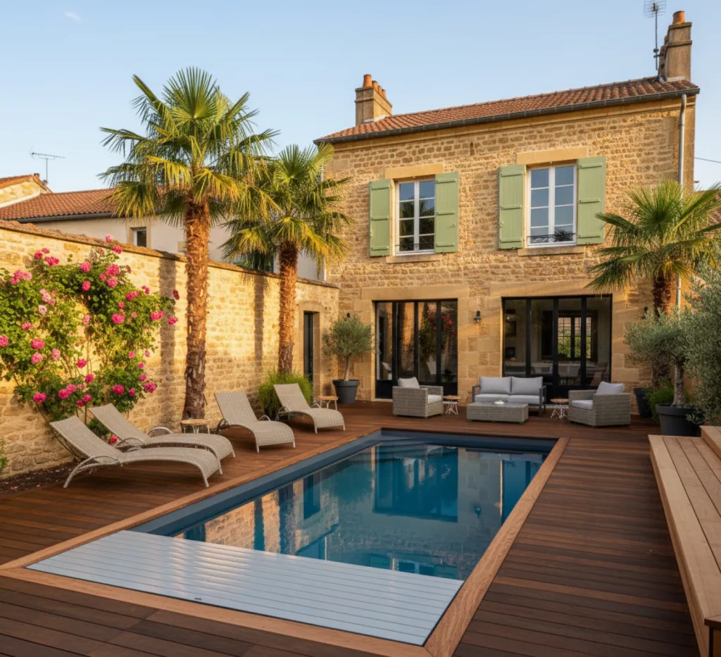 piscine à coque avec terrasse bois dans échoppe bordelaise - alohapiscines.com