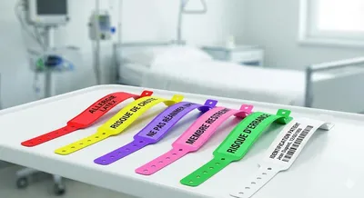 Différents types de bracelets hospitaliers avec codes couleur
