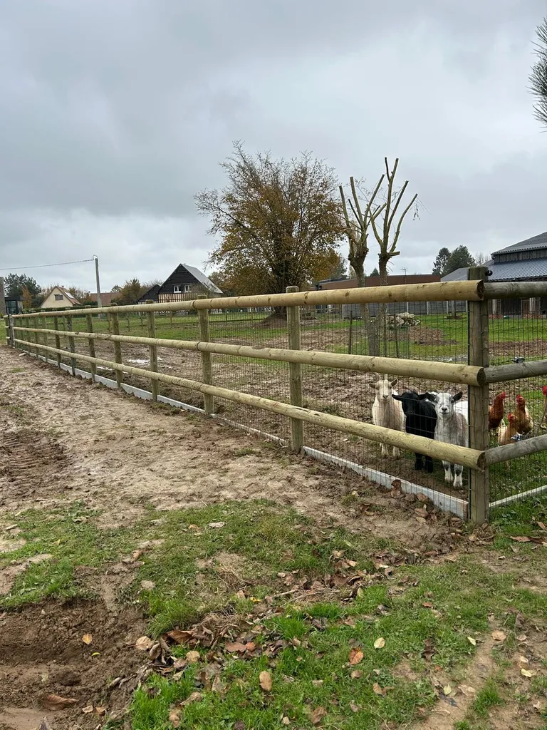 Installation de Clôture Décorative en Rondins de Bois Écorcés et Grillage pour Parcs et Grands Espaces à Elbeuf dans la Seine-Maritime 76