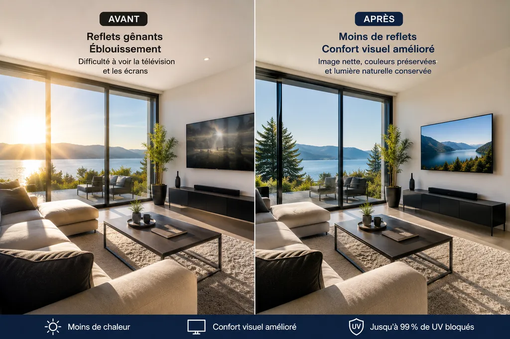 Salon trop lumineux : comment réduire les reflets sans fermer les volets ? La solution avec les films solaires adhésifs XPEL Vision à Genève et Lausanne