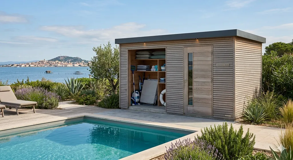 rangement pour la piscine en bois sur mesure de 4x2m très pratique. À Bouzigues