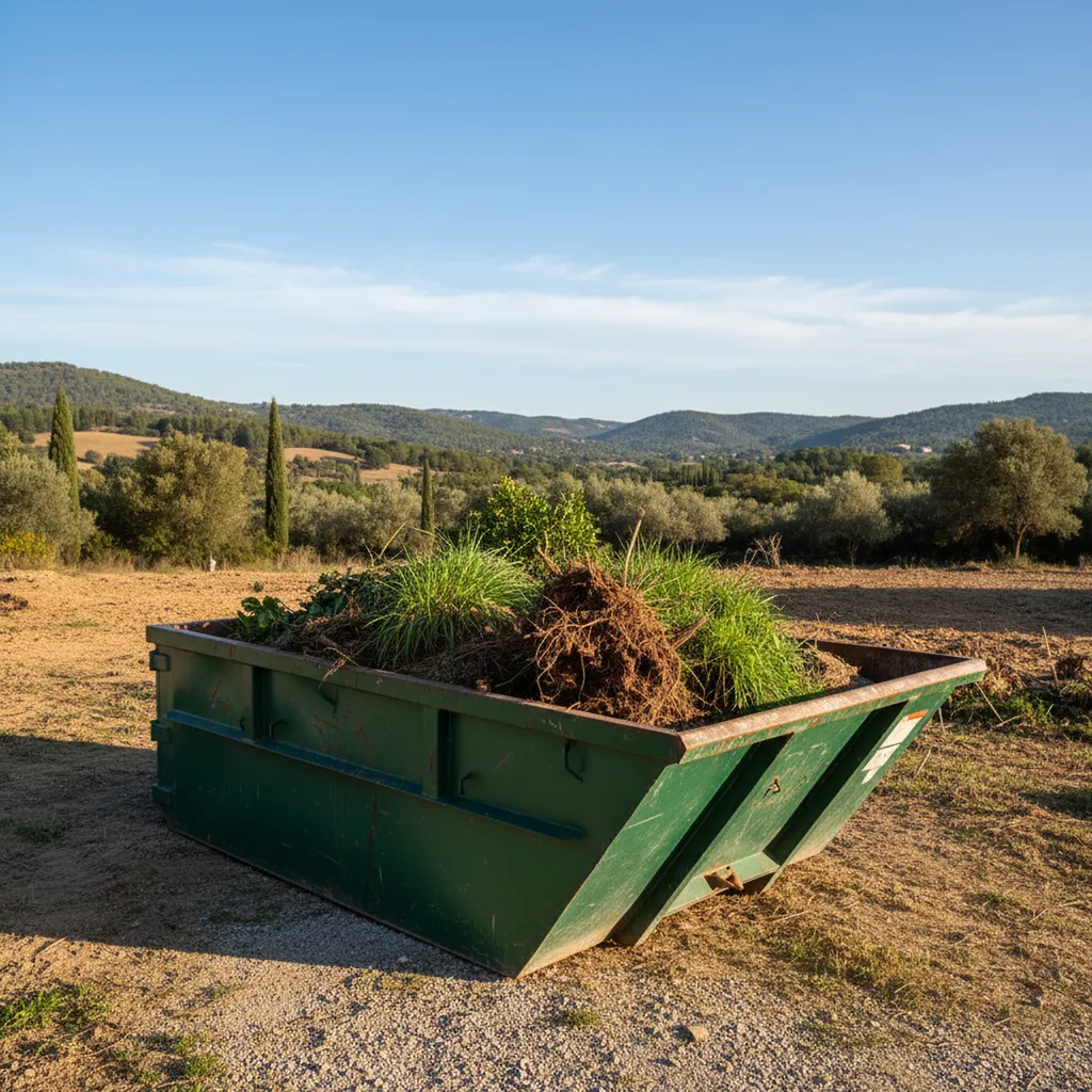 Location benne déchets verts 8m3 à Vidauban vers Grimaud   : Capacité moyenne pour l'évacuation de terre de jardin, gazon et arbustes déracinés.