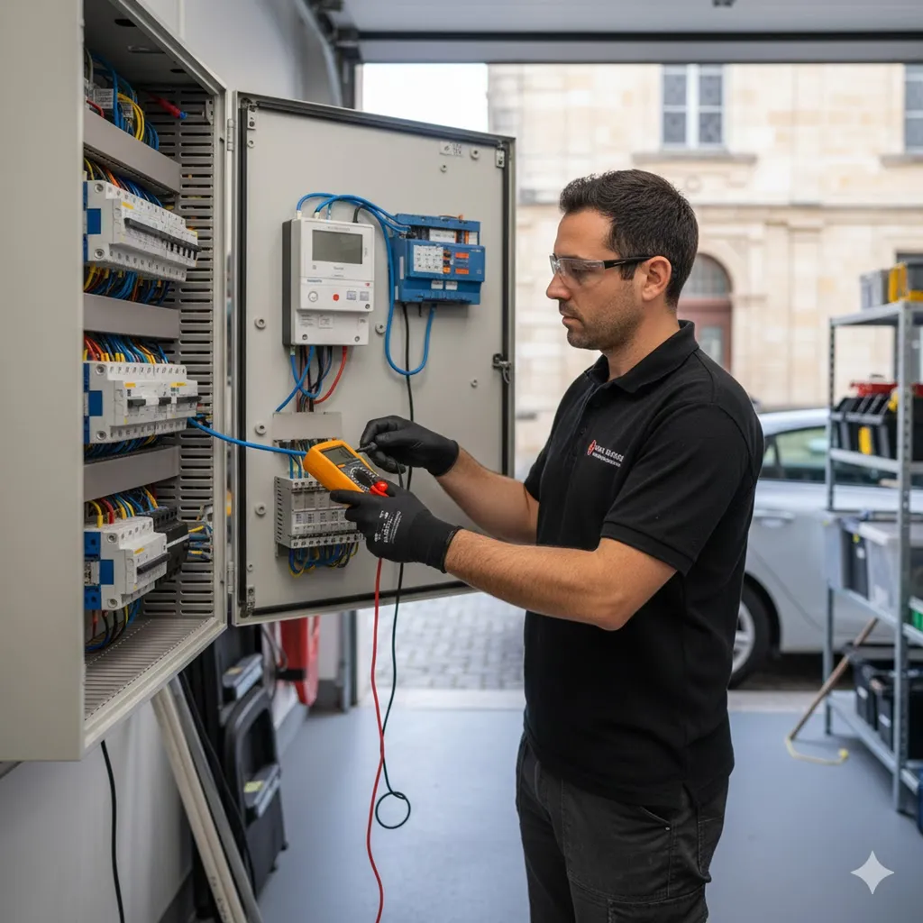 Artisan électricien IRVE inspectant un tableau électrique pour la préparation à l'installation d'une borne de recharge à domicile à Bordeaux