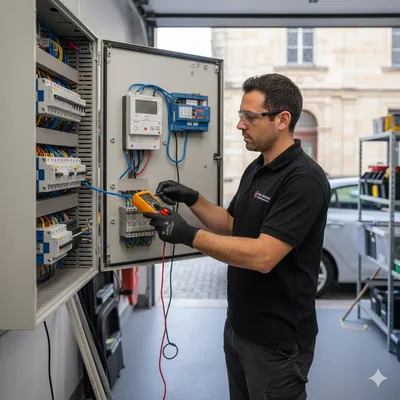 Artisan électricien IRVE inspectant un tableau électrique pour la préparation à l'installation d'une borne de recharge à domicile à Bordeaux