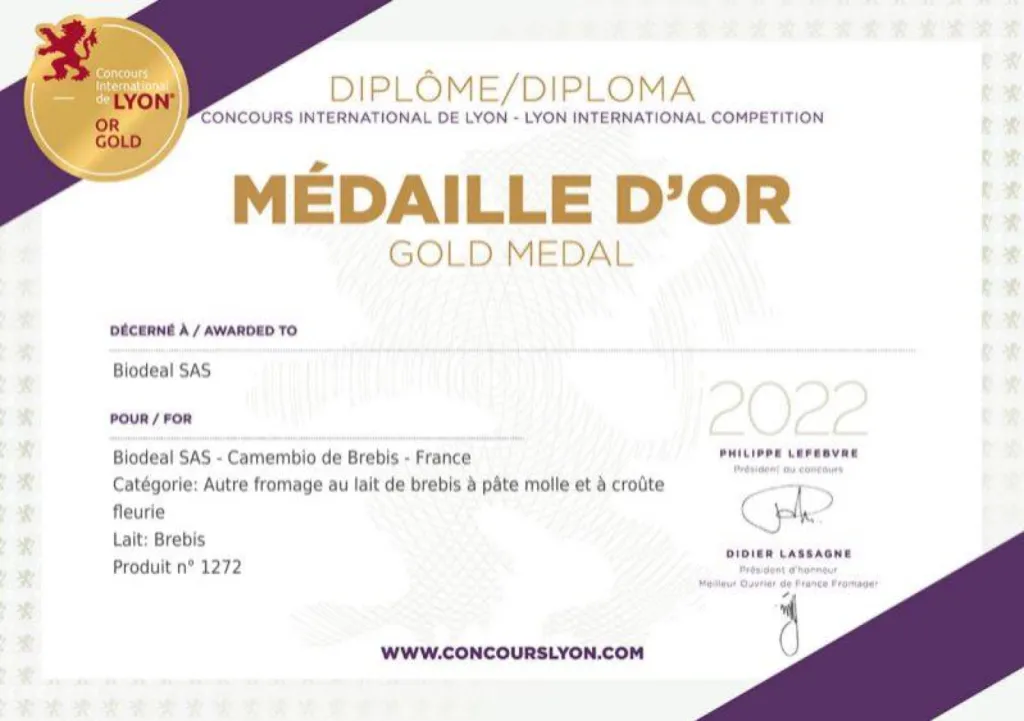 Camembio de Brebis Médaille d'or au concours international de Lyon 2022
