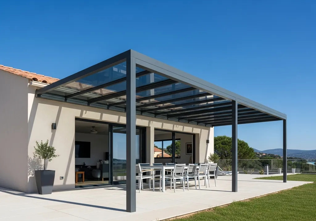 Pergola acier sur mesure installée pour terrasse maison à Bandol offrant ombrage confort modernité et excellente résistance côtière