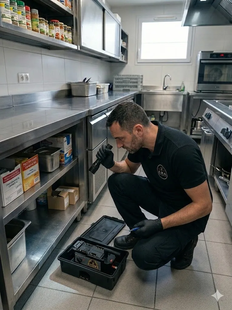 Notre technicien expert inspecte minutieusement un poste de capture mécanique sécurisé au cœur d'une cuisine professionnelle pour garantir l'éradication des rongeurs et le strict respect des normes sanitaires HACCP.