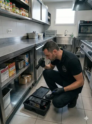 Notre technicien expert inspecte minutieusement un poste de capture mécanique sécurisé au cœur d'une cuisine professionnelle pour garantir l'éradication des rongeurs et le strict respect des normes sanitaires HACCP.