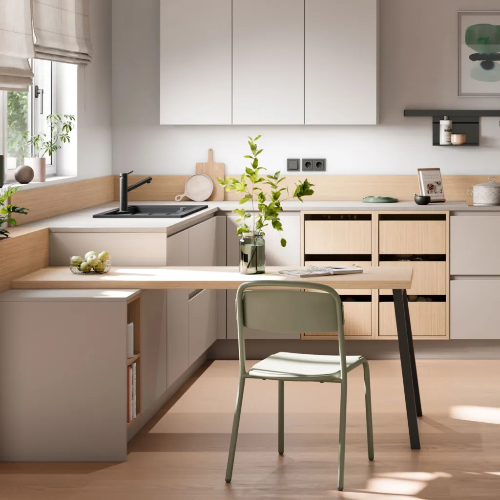 Cuisine Beige & Bois : design minéral et élégance apaisante avec coin repas et touches décoratives