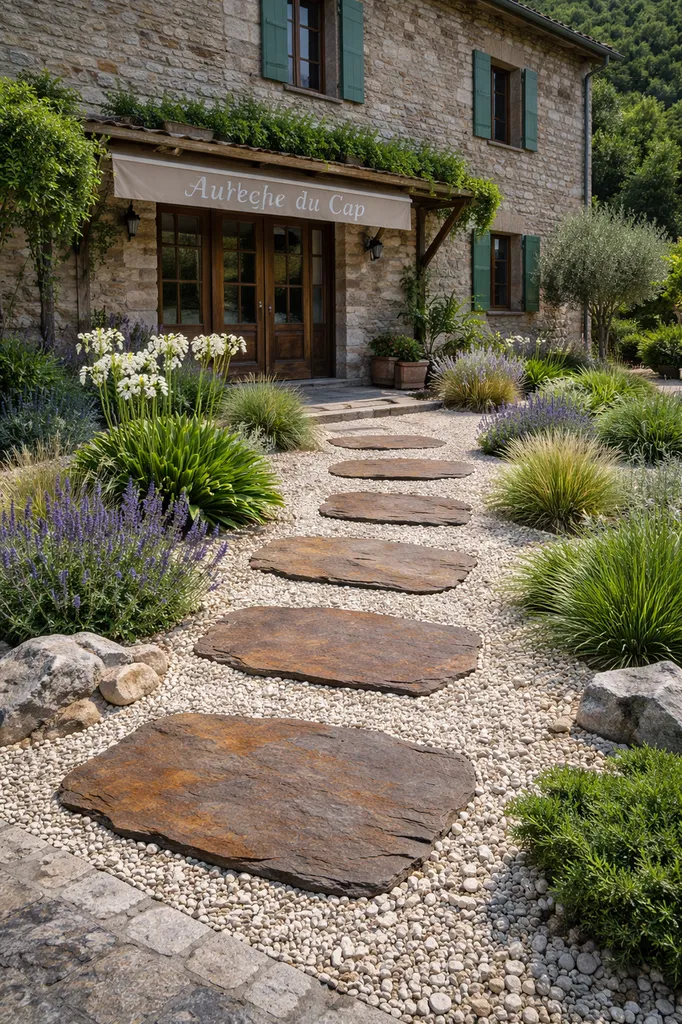 Aménagement paysager extérieur à Sumène dans les Cévennes : jardin minéral avec pas japonais en schiste et plantes méditerranéennes pour devanture de restaurant
