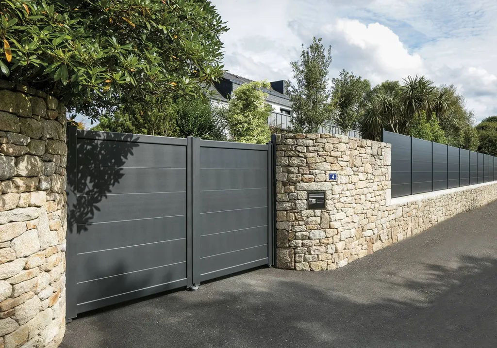 Portail battant aluminium, lames larges de 300 mm