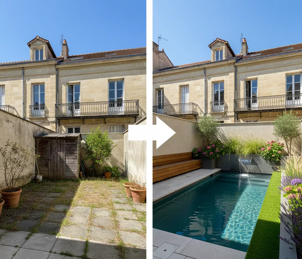 Avant/après Intégration d'une mini-piscine dans un patio bordelais avec végétation, création d'une ambiance oasis - Areva Piscines