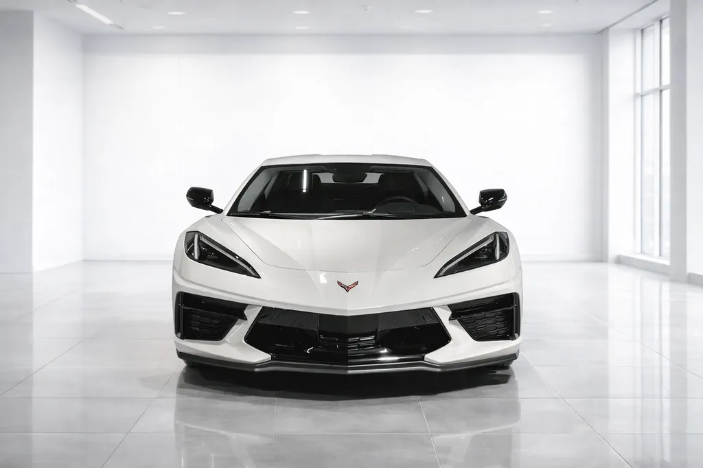 Chevrolet Corvette C8 blanche – vue avant en showroom automobile à Bordeaux