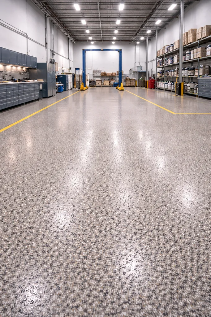Mise en œuvre d’un système de résine époxy quartz Color haute résistance pour zone technique industrielle dans un hangar professionnel situé à Toulouse, à proximité immédiate de Blagnac
