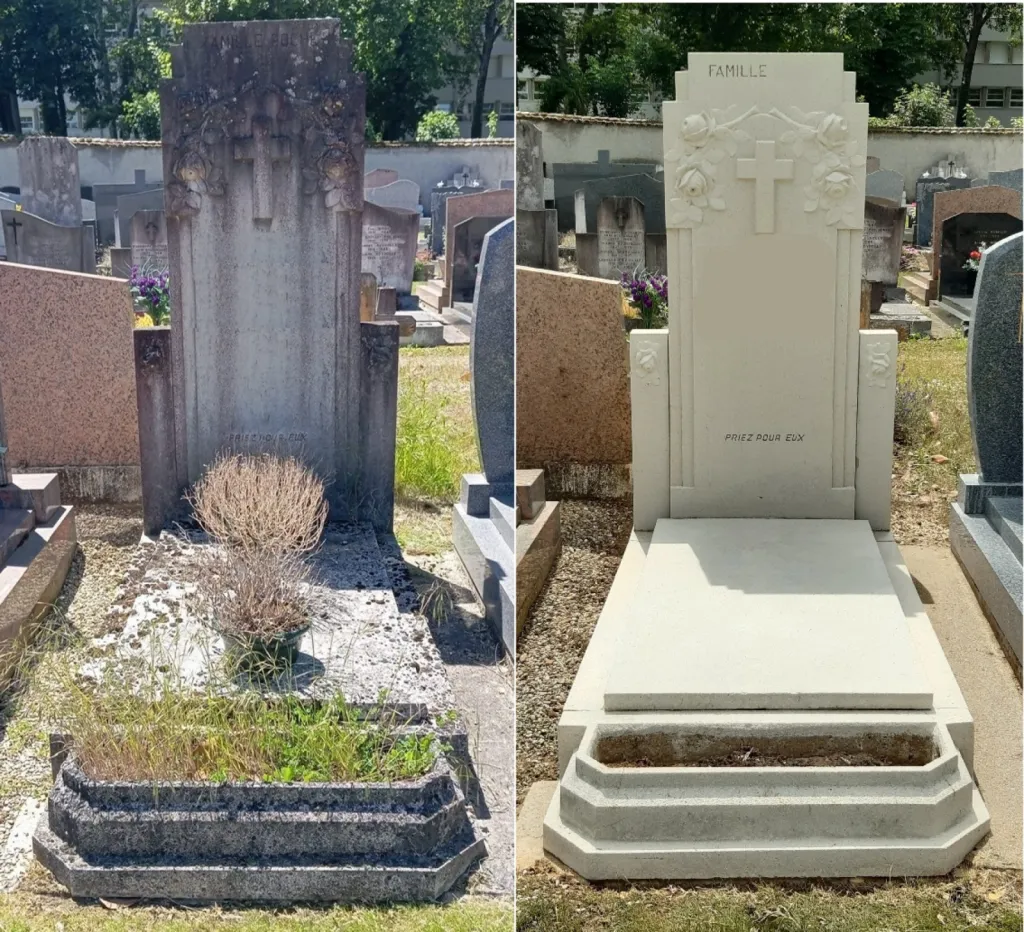 Nettoyage avant après pierre tombale monument funéraire cimetière Rillieux la Pape Marbrerie Pinault