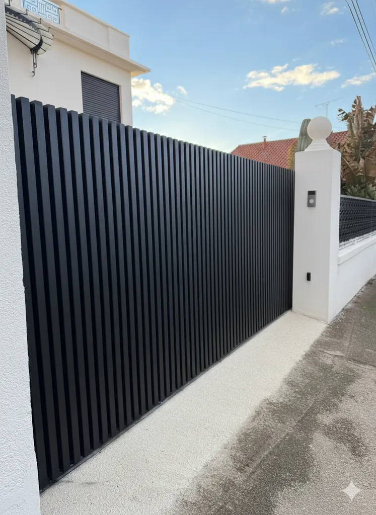 Portail acier brise-vue à Aix-en-Provence, installation sur mesure entre piliers blancs par l'Atelier du Ferronnier.
