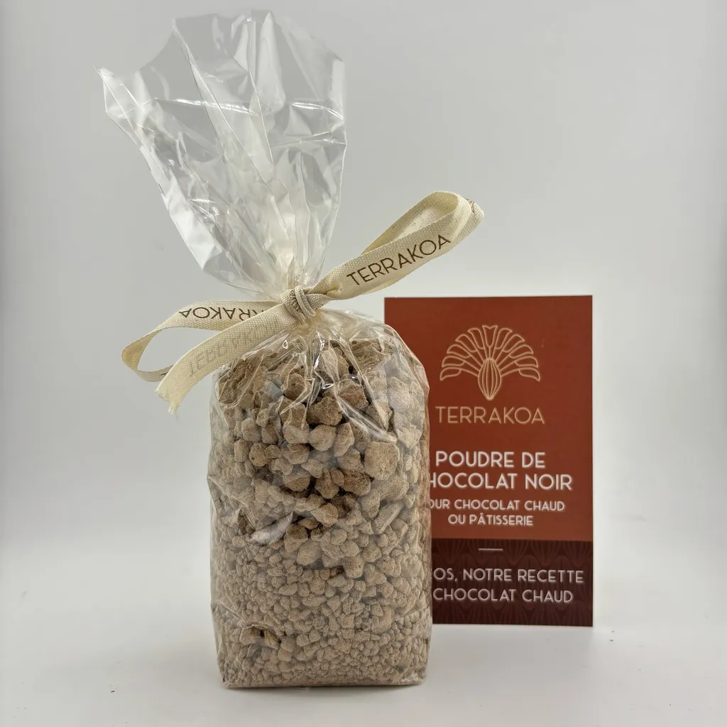 Poudre de chocolat noir Terrakoa pour chocolat chaud artisanal fabriquée à Marseille cacao Madagascar bean-to-bar