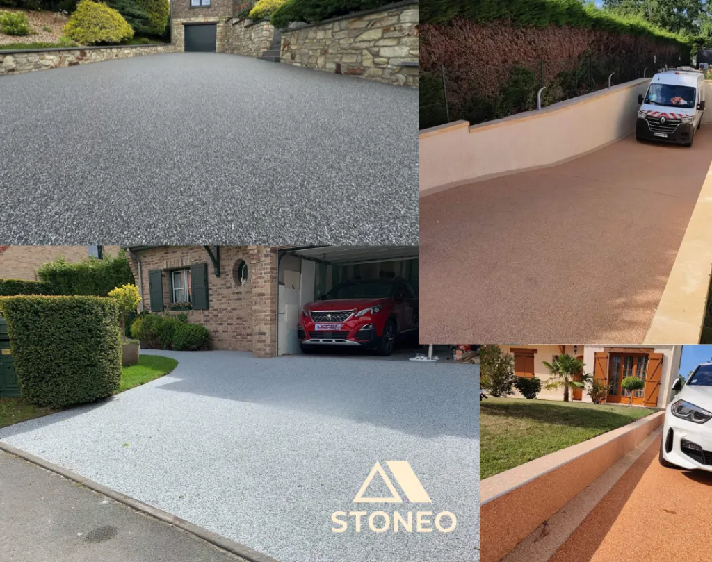 Allées et place de parking en moquette de pierre, revêtement de sol extérieur en version carrossable pour résister aux passages des véhicules légers à Grenoble · Échirolles · Saint-Martin-d'Hères · Vienne · Bourgoin-Jallieu · Fontaine · Voiron et ailleurs