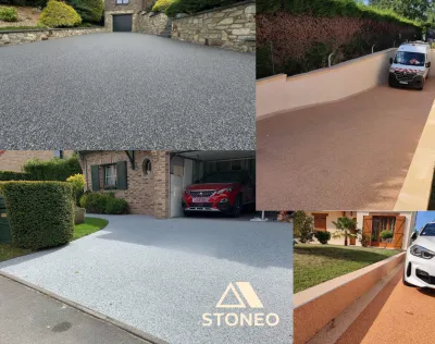 Allées et place de parking en moquette de pierre, revêtement de sol extérieur en version carrossable pour résister aux passages des véhicules légers à Grenoble · Échirolles · Saint-Martin-d'Hères · Vienne · Bourgoin-Jallieu · Fontaine · Voiron et ailleurs