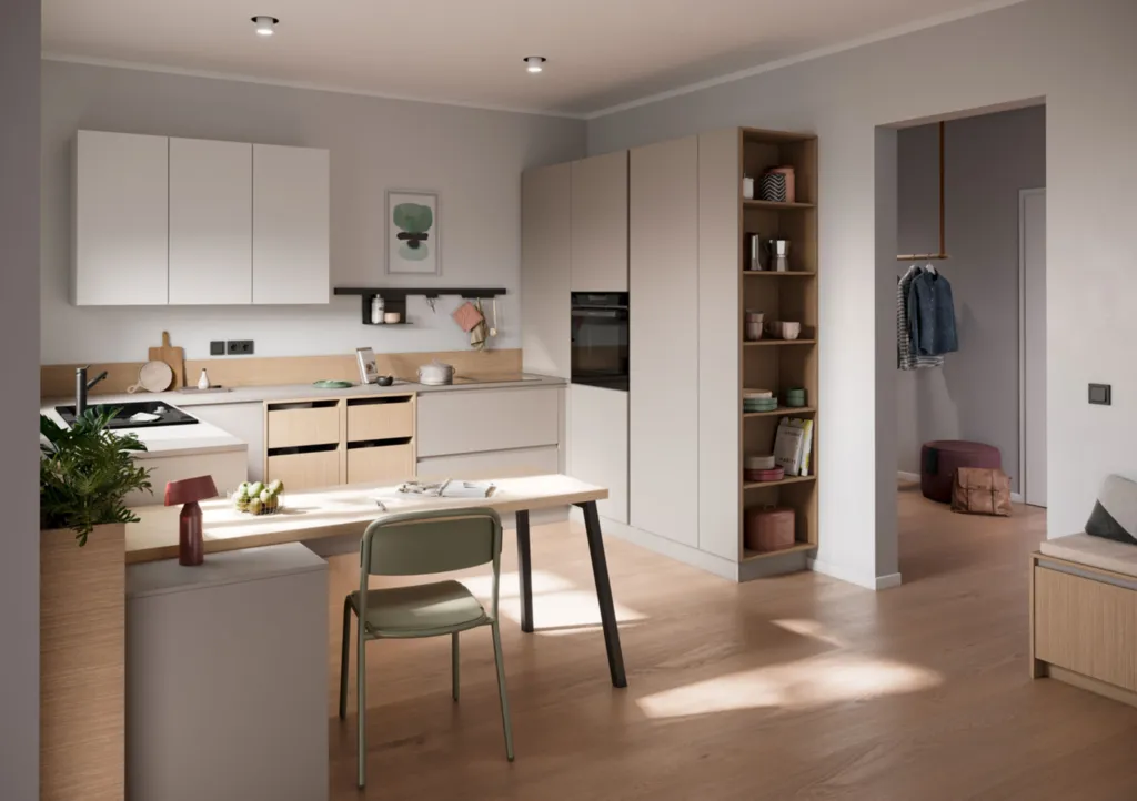 Cuisine Beige & Bois : design minéral et élégance apaisante avec coin repas et touches décoratives