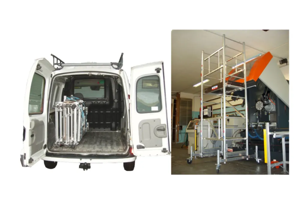 L’échafaudage roulant, Le MMAX valise. Niveau4 vent l'échafaudage roulant d'Ultralu compact qui se range dans une voiture. Pratique pour la maintenance des chantiers