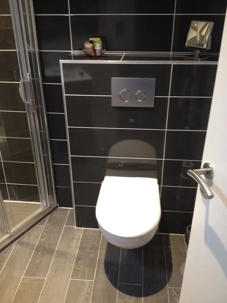 Pose d’un WC suspendu pour optimiser l’espace dans une petite salle de bains rénovée à Lyon (Rhône – 69)