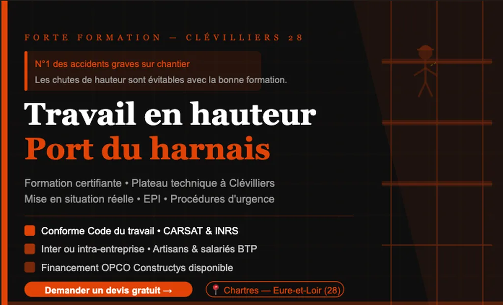 Formation travail en hauteur et port du harnais obligatoire pour les salariés BTP à Chartres en Eure-et-Loir